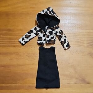 Hand Made Stylish Black Dress and Animal Print Jacket Set for Curvy Barbie